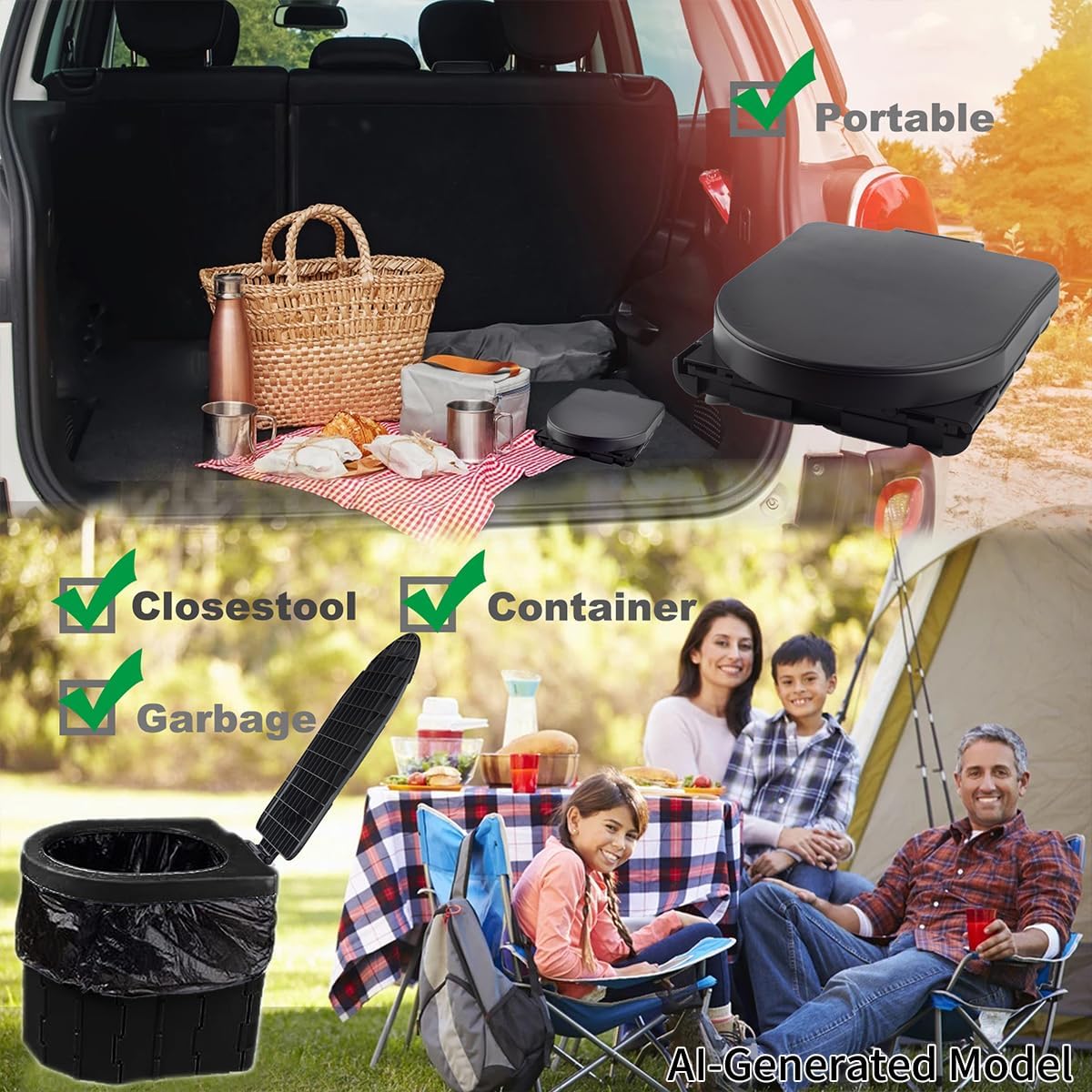 Inodoro Portatil KINSPORY Inodoro de Camping, Inodoro Portátil para Adultos y Niños, Orinal Plegable y Producto de Saneamiento de Emergencia para Exteriores, Papelera y Taburete para Coche, Camión, Camping, Viajes, Senderismo, Pesca y Trayectos Largos