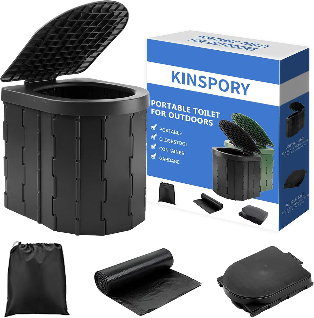 Inodoro Portatil KINSPORY Inodoro de Camping, Inodoro Portátil para Adultos y Niños, Orinal Plegable y Producto de Saneamiento de Emergencia para Exteriores, Papelera y Taburete para Coche, Camión, Camping, Viajes, Senderismo, Pesca y Trayectos Largos